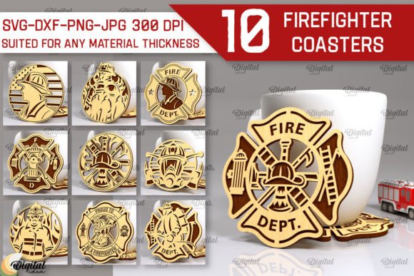 Firefighter Coasters Laser Cut Bundle Graphic 3D SVG By Digital Idea