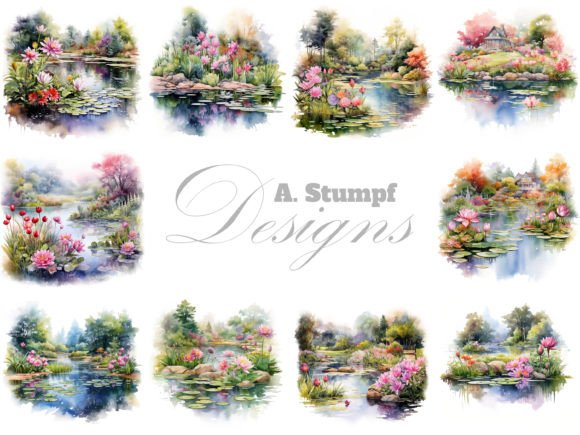 Floral Garden with Pond Clipart Set 2 Graphic Illustrations By Andreas Stumpf Designs