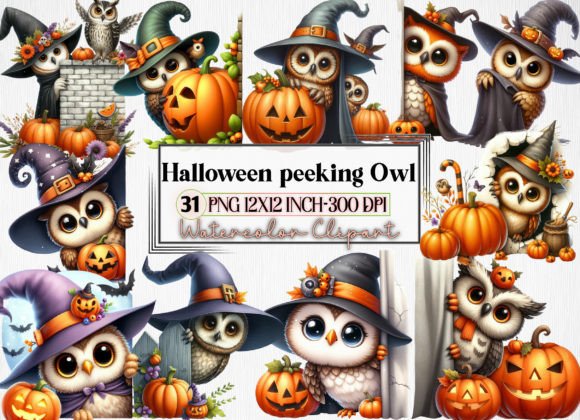 Halloween Peeking Owl Pumpkin Clipart Gráfico Ilustraciones Imprimibles Por LibbyWishes