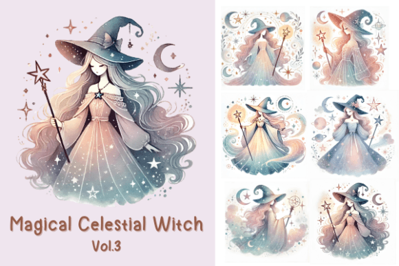 Magical Celestial Witch Watercolor Art Graphic Illustrations By Little Miss Darran