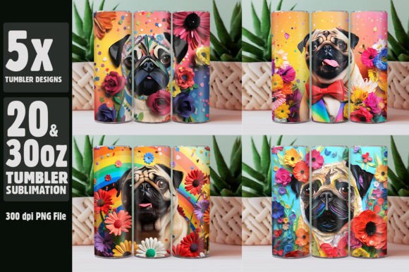 Rainbow Pug Dog Floral Skinny Tumbler Graphic AI Graphics By merchTumbler