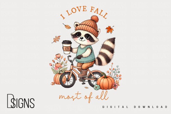 Vintage Autumn Raccoon I Love Fall Png Illustration Designs de T-shirts Par DSIGNS