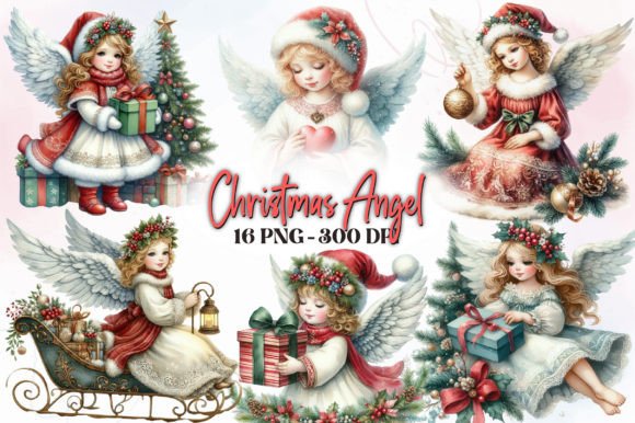 Vintage Christmas Angel Clipart Bundle Gráfico Ilustrações para Impressão Por RevolutionCraft
