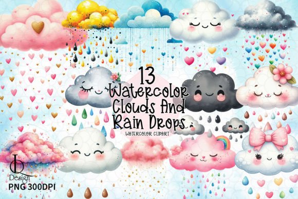 Watercolor Clouds and Rain Drops Clipart Afbeelding Afdrukbare Illustraties Door LQ Design