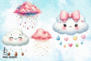 Watercolor Clouds and Rain Drops Clipart Grafik Druckbare Illustrationen Von LQ Design 4