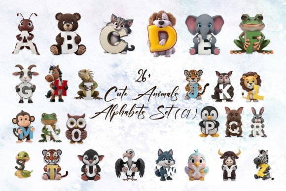 Cute Animals Alphabets Sublimation Set Graphic AI Transparent PNGs By Ahmad Designs