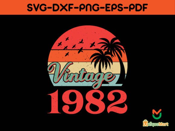 Vintage Birthday 1982 Retro T-Shirt Svg Gráfico Diseños de Camisetas Por Uniquemart