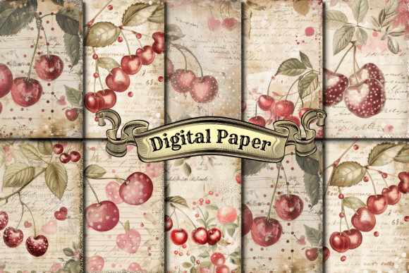 Vintage Cherry Digital Paper Pack Graphic Patterns By craftsmaker