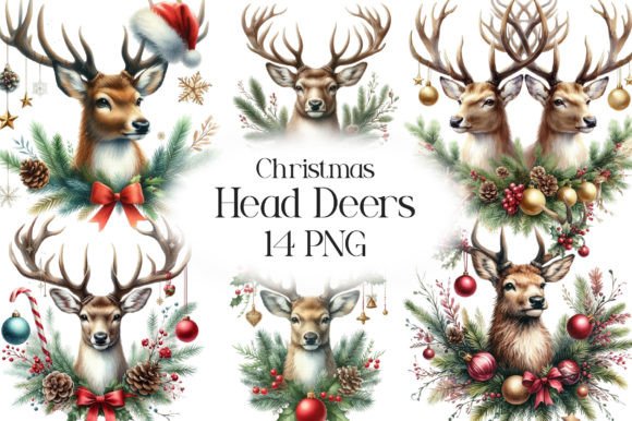 Watercolor Head Deers Christmas Clipart Graphic Illustrations By CraftArtStudio