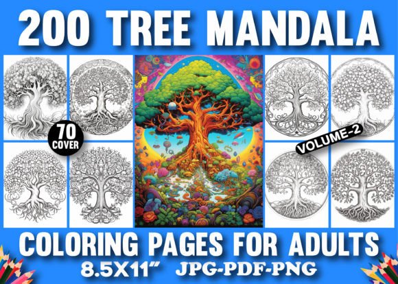 200 Tree Mandala Coloring Pages Gráfico Páginas y libros de colorear para adultos Por ArT zone