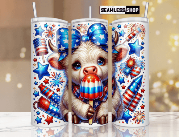 4th of July Highland Cow Tumbler Png Graphic Tumbler Wraps By SeamlessShop