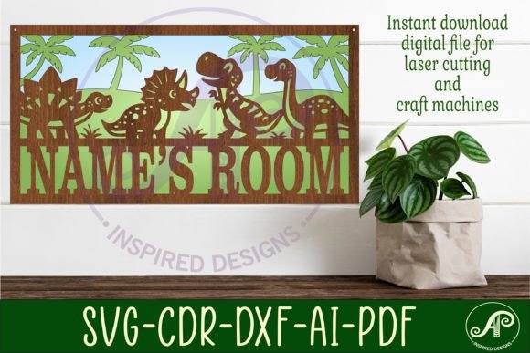 Cute Dinosaur Layered Design Name Sign Illustration SVG 3D Par apinspireddesigns