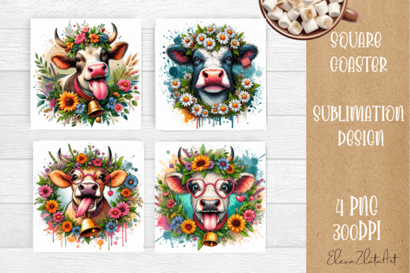 Funny Crazy Cow with Wreath of Floiwer Graphic Illustrations By ElenaZlataArt