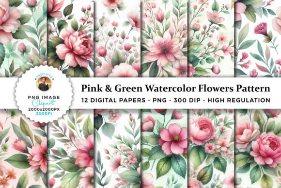Pink & Green Watercolor Flowers Patterns Graphic Illustrations By sagorarts