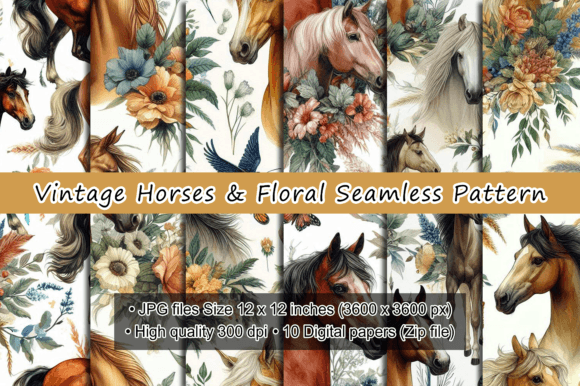 Vintage Horses & Floral Seamless Pattern Graphic AI Patterns By mstmahfuzakhatunshilpe