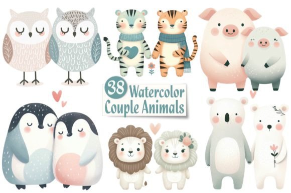Watercolor Love Couple Animals Clipart Gráfico Ilustraciones Imprimibles Por Dreamshop