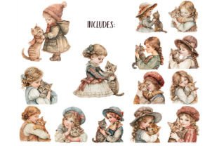 Watercolor Vintage Girls with Kitten PNG Graphic Illustrations By ArtfulStudio 2