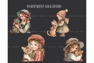 Watercolor Vintage Girls with Kitten PNG Graphic Illustrations By ArtfulStudio 8