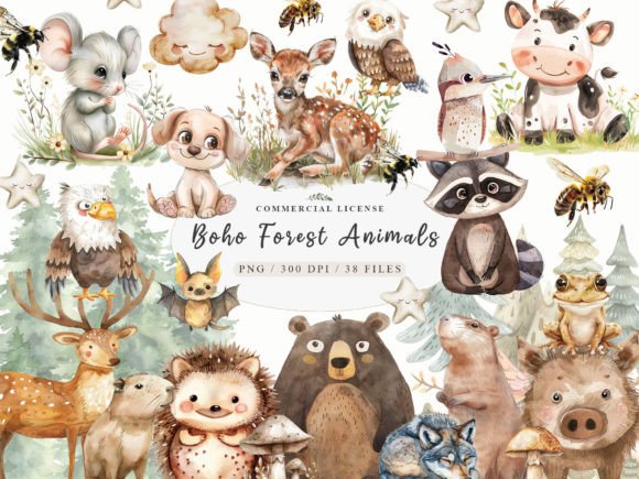 Boho Woodland Animal, Baby Animals Png Grafica Illustrazioni Stampabili Di UsisArt