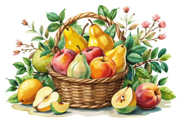 Hand Drawn Watercolor Juicy Pear Basket Graphic Illustrations By vectmonster