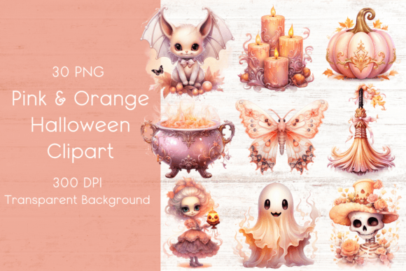 Pink & Orange Halloween Clipart Grafika Ilustracje do Druku Przez Creative Ink Design Co