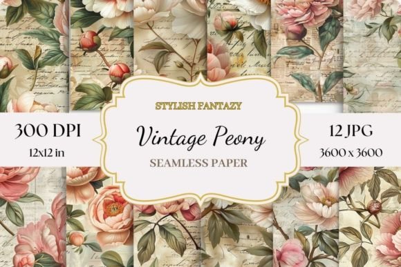 Vintage Peonies Digital Papers, Seamless Graphic Patterns By StylishFantazy