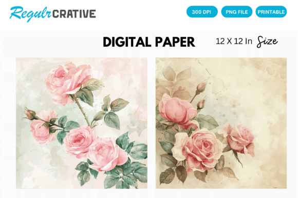 Vintage Watercolor Roses Digital Paper Graphic Backgrounds By Regulrcrative