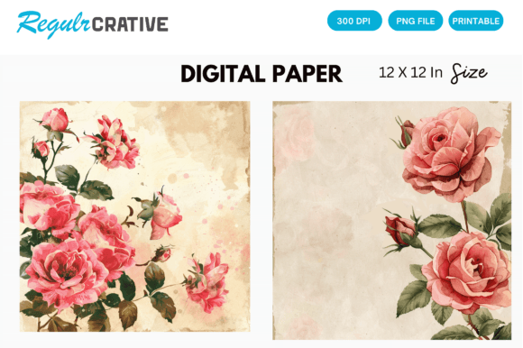 Vintage Watercolor Roses Digital Paper Gráfico Fondos Por Regulrcrative
