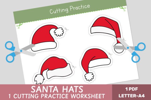 Christmas Cutting Practice - Santa Hats Grafik Arbeitsblätter und Unterrichtsmaterialien Von Let´s go to learn!