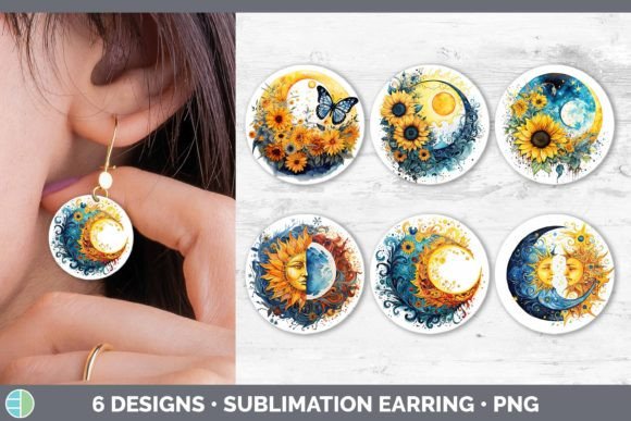 Watercolor Sun and Moon Round Earrings S Graphic AI Illustrations By Enliven Designs