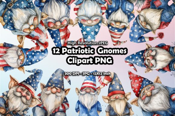 12 Patriotic Gnomes Card Clipart PNG Grafik Druckbare Illustrationen Von printztopbrand
