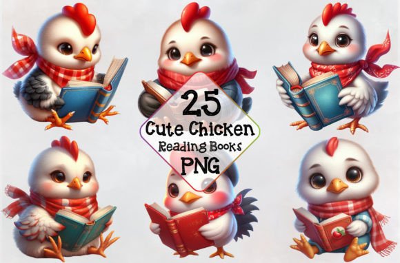 Cute Chicken Reading Books Sublimation Graphic Illustrations By PinkDigitalArt