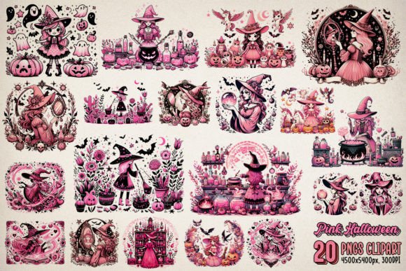 Enchanted Pink Halloween Witch Bundle Gráfico Diseños de Camisetas Por Retro Sun