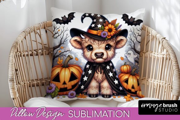Highland Cow Halloween Pillow Cover PNG Graphic Crafts By Orange Brush Studio