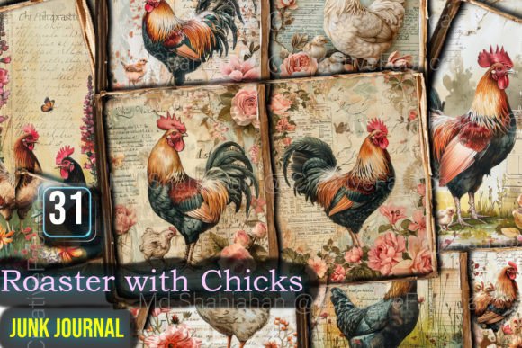 Rooster with Chicks Junk Journal Pages Grafik Druckbare Illustrationen Von Md Shahjahan