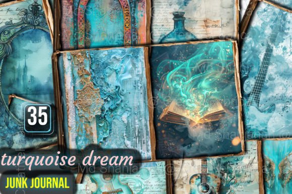 Turquoise Dream Junk Journal Pages Graphic Illustrations By Md Shahjahan