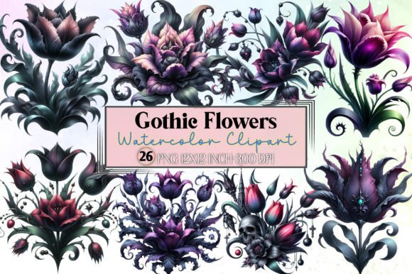 Watercolor Gothic Flowers Clipart Graphic Illustrations By LibbyWishes