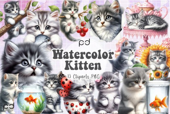 Watercolor Kitten Clipart PNG Graphics Grafica Illustrazioni Stampabili Di Padma.Design