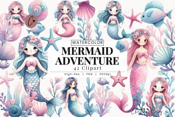 Watercolor Mermaid Adventure Clipart Grafika Ilustracje do Druku Przez Christine Fleury