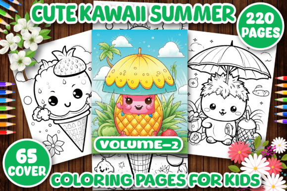 220 Cute Kawaii Summer Coloring Pages Gráfico Páginas y libros de colorear para niños Por kdp Design