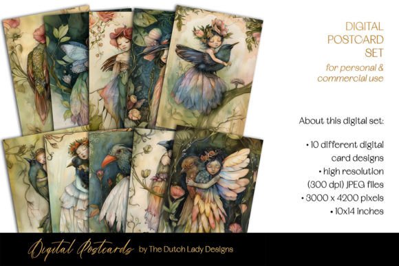 Fairies & Birds Postcard Designs Graphic AI Illustrations By daphnepopuliers