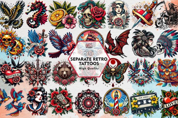 Separate Retro Tattoos Clipart PNG Graphic Illustrations By PIG.design