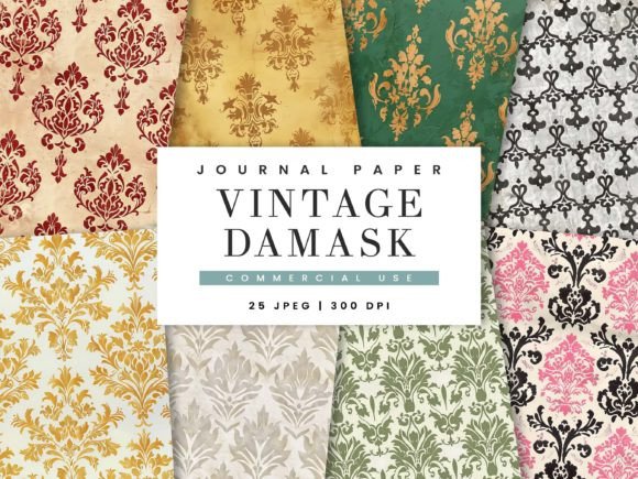 Vintage Damask Journal Paper Graphic Backgrounds By busydaydesign