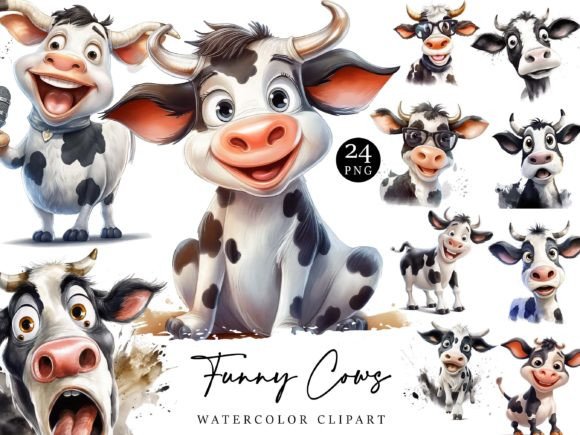 Watercolor Funny Cows Clipart Bundle Graphic Illustrations By DesignScotch