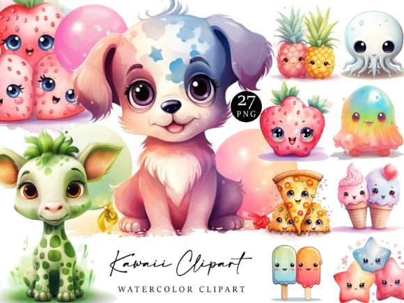 Watercolor Kawaii Clipart Bundle Graphic Illustrations By DesignScotch