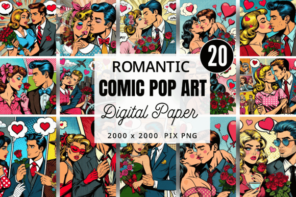 Romantic Comic Pop Art Digital Paper Graphic Backgrounds By Craft Fair